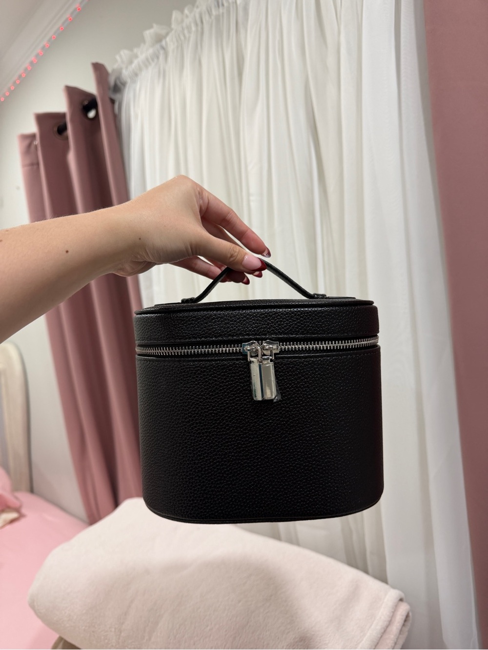 Classic Black Vegan Leather Cosmetic Train Case with Top Handle